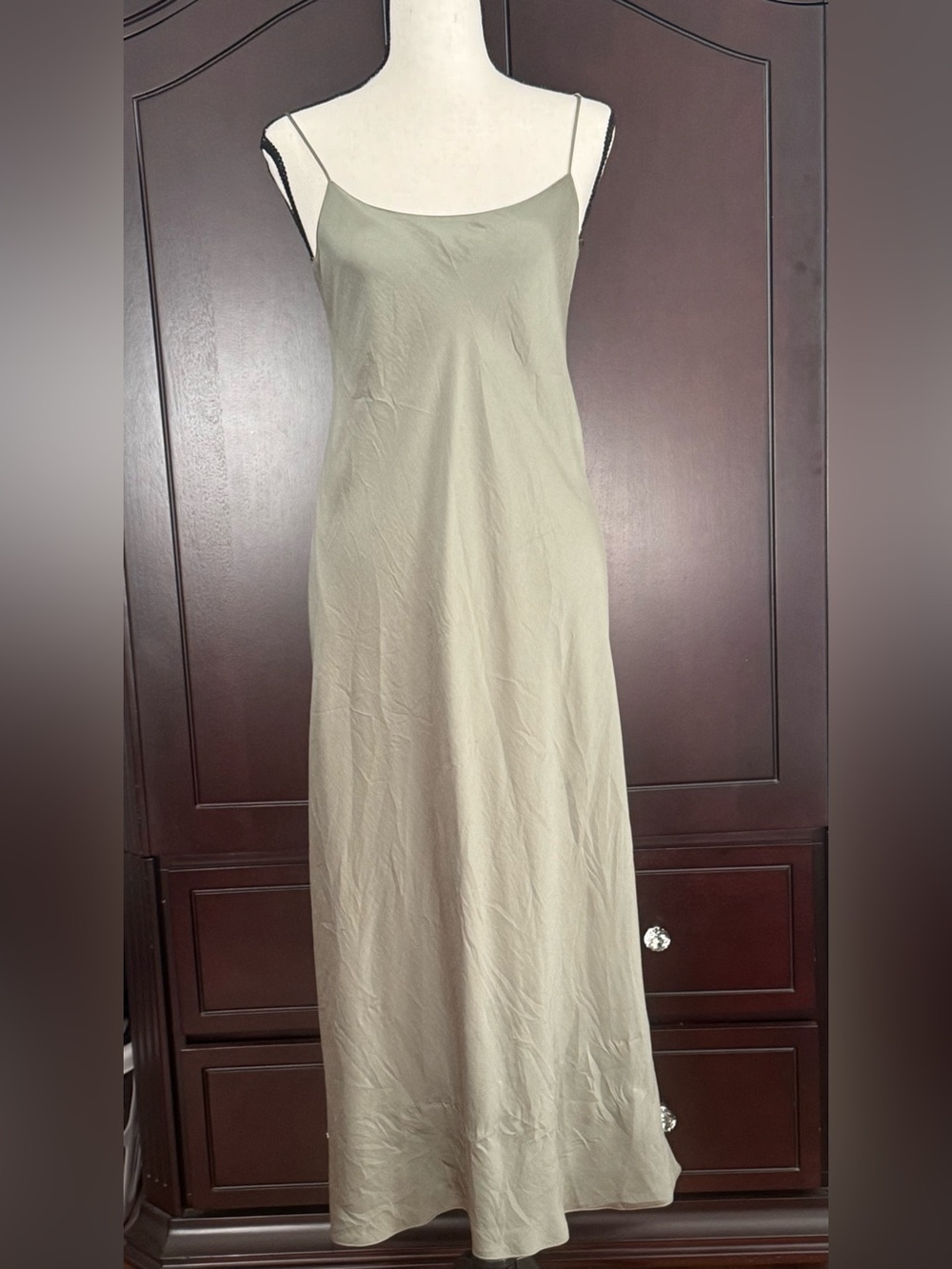 Vince Olive-Green Maxi Slip Dress with Spaghetti Straps